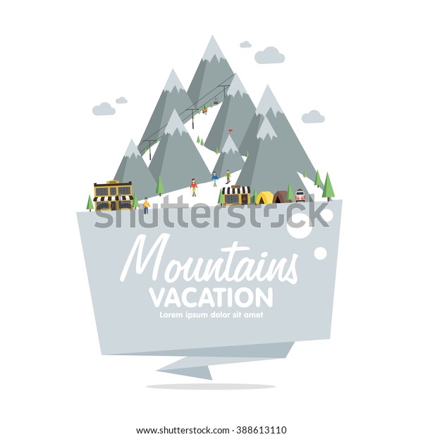 Ski resort in mountains, winter time,\
snow and fun. Polygonal badges vector\
illustration