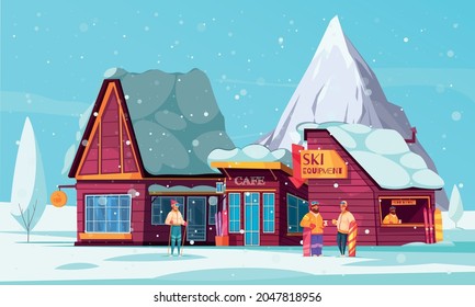 Ski resort old style wooden hut cafe downhill equipment rental in snow covered mountains cartoon vector illustration