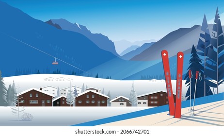 Ski resort on a bright sunny day. Panoramic view of a traditional Alpine village in front of the mountains with a cable car in the distance. Skiing in a snowdrift.