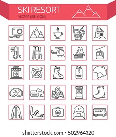 Ski resort outline  icon collection. Ski resort vector set of Ski and Snowboard icons. Elements Ski resort. Winter holidays in the mountains. Welcome to the ski resort / Ski resort icons.