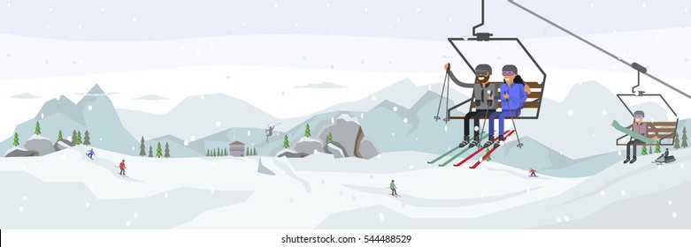 Ski resort. People rise to the ski lift elevator. Winter panorama