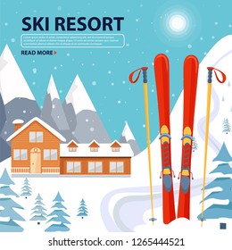 Ski resort poster illustration with wooden house and ski equipment on snowy landscape with mountains, fir trees and snow hills. Vector illustration with copy space.