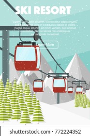 Ski resort, red cabin lift, flat vector illustration. Alps, fir trees, mountains panoramic background. Aerial ropeways, hills, winter web banner design.