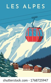 Ski resort with red gondola lift, mountain chalet, winter snowy landscape. Alps travel retro poster, vintage banner. Hand drawing flat vector illustration.