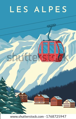 Ski resort with red gondola lift, mountain chalet, winter snowy landscape. Alps travel retro poster, vintage banner. Hand drawing flat vector illustration.