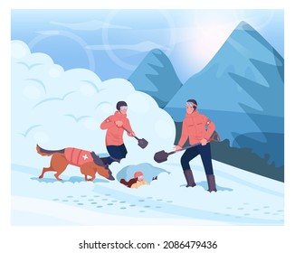 Ski Resort Rescuer Team. Finding People Operation With A Rescue Dog. Lifesaver Digging A Person Out Of Avalanche With Shovels. Character Buried In Snow. Flat Vector Illustration