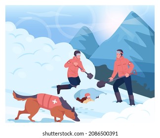 Ski Resort Rescuer Team. Finding People Operation With A Rescue Dog. Lifesaver Digging A Person Out Of Avalanche With Shovels. Character Buried In Snow. Flat Vector Illustration