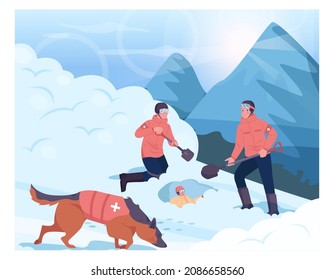 Ski Resort Rescuer Team. Finding People Operation With A Rescue Dog. Lifesaver Digging A Person Out Of Avalanche With Shovels. Character Buried In Snow. Flat Vector Illustration