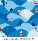 Ski resort with Santa Claus seamless pattern.