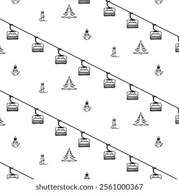 Ski Resort Seamless Pattern with Skiers and pine trees. Mountain lift skiing background winter resort with people. Vector graphic line illustration
