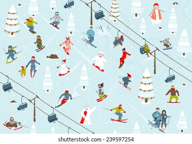 Ski Resort Seamless Pattern with Snowboarders and Skiers. Mountain skiing background winter resort with people Vector illustration.