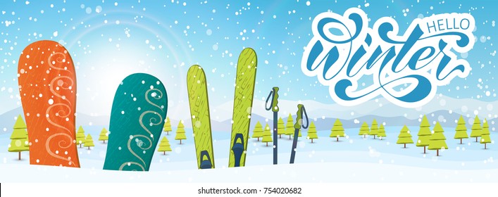 Ski resort season is open. Winter web banner design. Winter sport equipment. Ski, snowboard equipment, Swiss Alps, fir trees, falling snow, mountains panoramic background.