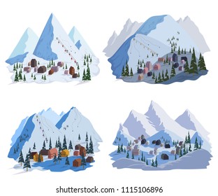 Ski resort set. Beautiful landscapes with mountains, houses, hotels, fir trees and ski lift. Vector illustration