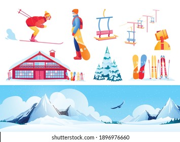 Ski resort set with winter sports symbols flat isolated vector illustration