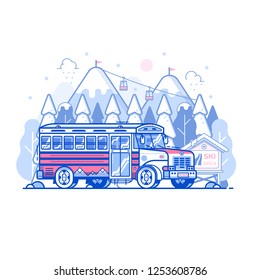 Ski resort shuttle bus and snowy mountain peaks with funicular in line art. Winter sport center hotel transport concept in flat design. Hop on skibus service gets to slopes for skiing vacation.