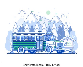 Ski resort shuttle bus and snowy mountain peaks with funicular in line art. Winter sport center hotel transport concept in flat design. Hop on skibus service gets to slopes for skiing vacation.