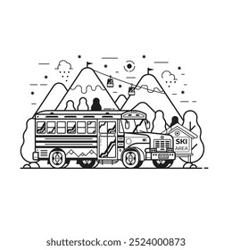 Ski resort shuttle bus and snowy mountain peaks with funicular in line art. Winter sport center hotel transport concept in line art design. Hop on skibus service gets to slopes for skiing vacation.