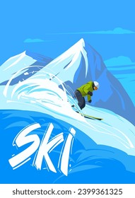 Ski resort , Skier rides down the mountain, winter sports, poster design, vector color illustration