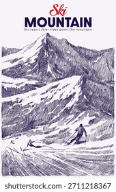 Esquiador da estância de esqui desce a montanha inverno mão desenhado esboço