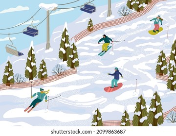 Ski resort with skiers, cable cars, ski lifts, vector illustration. Winter holidays and sport activity. Winter season mountain landscape in Alps. Mountain ski, snowboard, downhill track