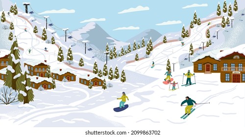 Estación de esquí con esquiadores, teleféricos, remontes, ilustración vectorial. Vacaciones de invierno y actividades deportivas. Paisaje montañoso en temporada invernal con chalé de alpes. Esquí de montaña, snowboard, pista de descenso