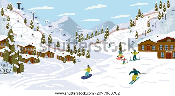 Ski resort with skiers, cable cars, ski lifts,\
vector illustration. Winter holidays and sport activity. Winter\
season mountain landscape with alps chalet. Mountain ski,\
snowboard, downhill track
