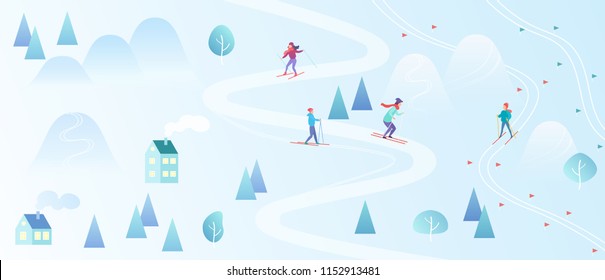 Ski Resort with Skiers. Mountain skiing map style background. Winter village houses resort with people. Vector gradient color vector illustration.