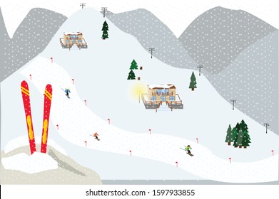 Ski resort with skiers on slopes. snow mountain landscape. Cartoon flat vector illustration