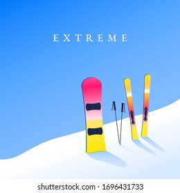 Ski resort. Skiing and snowboard on hillside. Extrem tourism banner. Vector