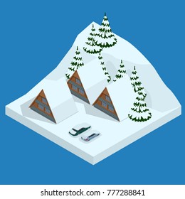 Ski resort, slope, people on the ski lift, skiers on the piste among white snow pine trees and hotel. Winter holiday web banner design. Vector isometric illustration.