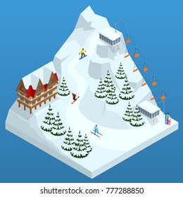 Ski resort, slope, people on the ski lift, skiers on the piste among white snow pine trees and hotel. Winter holiday web banner design. Vector isometric illustration.