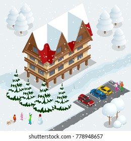 Ski resort, slope, people on the ski lift, skiers on the piste among white snow pine trees and hotel. Winter holiday web banner design. Vector isometric illustration.