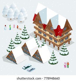 Ski resort, slope, people on the ski lift, skiers on the piste among white snow pine trees and hotel. Winter holiday web banner design. Vector isometric illustration.