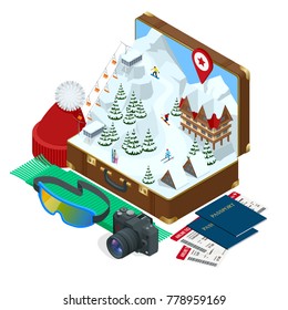 Ski resort, slope, people on the ski lift, skiers on the piste among white snow pine trees and hotel. Winter holiday web banner design. Vector isometric illustration.