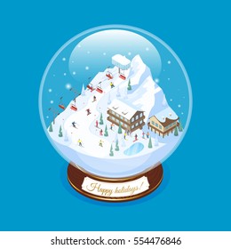 Ski resort snow globe souvenir with scaled down mountain village scenery with decorative piled houses ropeway vector illustration