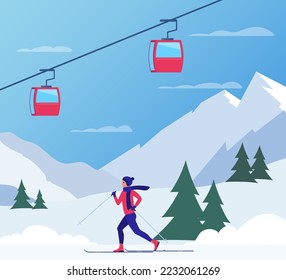 Ski resort snow mountain landscape, skiers on slopes, ski lifts. Winter landscape with ski slope covered with snow, trees and mountains on background. Cartoon flat vector illustration