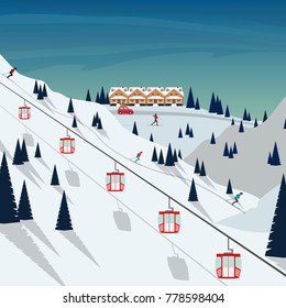 Ski resort snow mountain landscape, skiers on slopes, ski lifts. Winter landscape with ski slope covered with snow, trees and mountains on background. Cartoon flat vector illustration