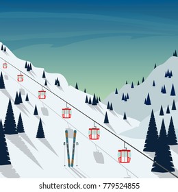 Ski resort snow mountain landscape, ski lifts. Winter landscape with ski slope covered with snow, trees and mountains on background. Cartoon flat vector illustration