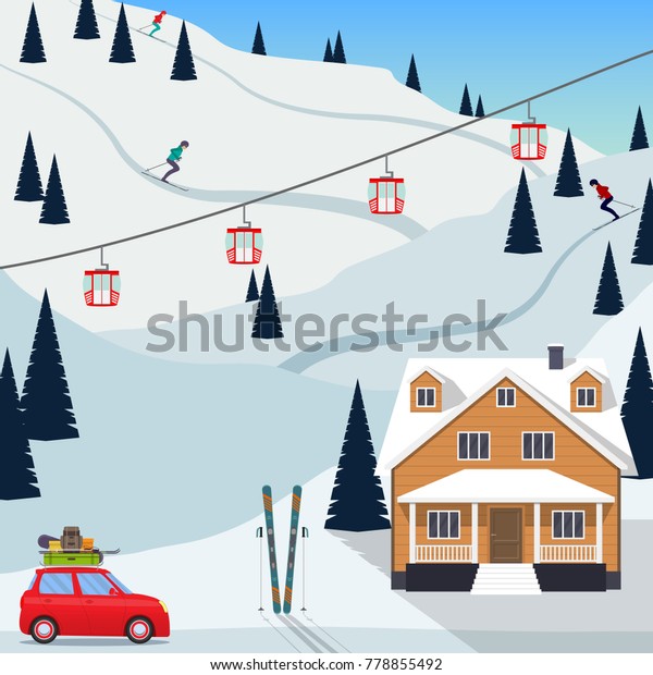 Ski resort snow mountain\
landscape, skiers on slopes, ski lifts, a house, a car with the ski\
equipment pulls up to the resort. Vector illustration in flat\
style.