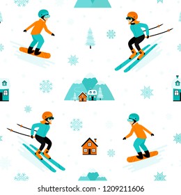 Ski resort. Snowboarding. Cute vector seamless pattern.Winter holidays in the mountains.  Modern flat concept for web design with people.