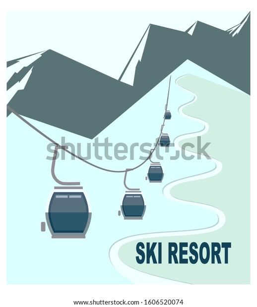 Ski resort with snow-capped mountain\
peaks. Ski lift with gondolas on the winter Alpine landscape. Flat\
vector illustration for advertising\
banner.