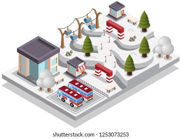 Ski Resort. Speed skiing. Vector illustration. Isometric. Isolated on white background.