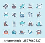 Ski Resort Sticker Color Thin Line Icon Set Include of Snowboard, Funicular and Bus. Vector illustration