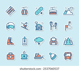 Ski Resort Sticker Color Thin Line Icon Set Include of Snowboard, Funicular and Bus. Vector illustration