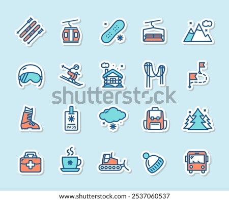Ski Resort Sticker Color Thin Line Icon Set Include of Snowboard, Funicular and Bus. Vector illustration