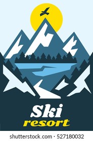 Ski resort. Time relax. Fresh air. on the horizon, winter nature view. Pine forest. Vector illustration. Flat style