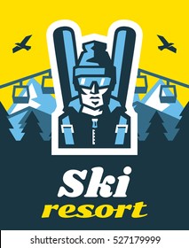 Ski resort. Time relax. Winter holidays, weekends. Snowy mountains. Logo skier in glasses. Fresh air. on the horizon, winter nature view. Pine forest. Vector illustration. Flat style