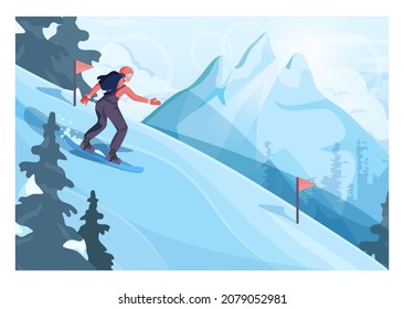 Ski resort track. Female character on snowboard. Snowboarder riding downhill at speed. Woman snowboarding, winter extreme sport activities. Flat vector illustration