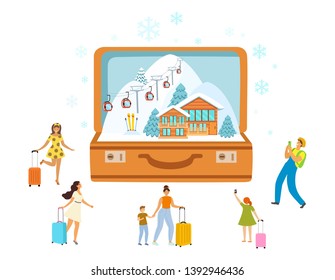 Ski resort, travel, tourism with open suitcase and miniature people, modern flat style. Vector illustration.