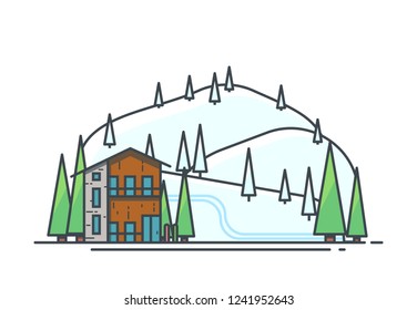Ski resort vacation. Big modern vacation wooden house surrounded with trees. Mountains and hills covered with snow and trees. Modern line vector illustration.
